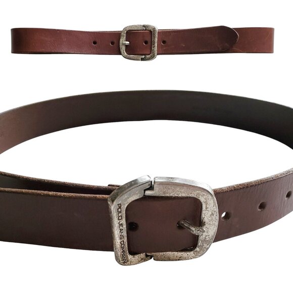 Vintage POLO Ralph Lauren Brown Leather Belt Split Buckle Design Engraved Sz M - Picture 2 of 11